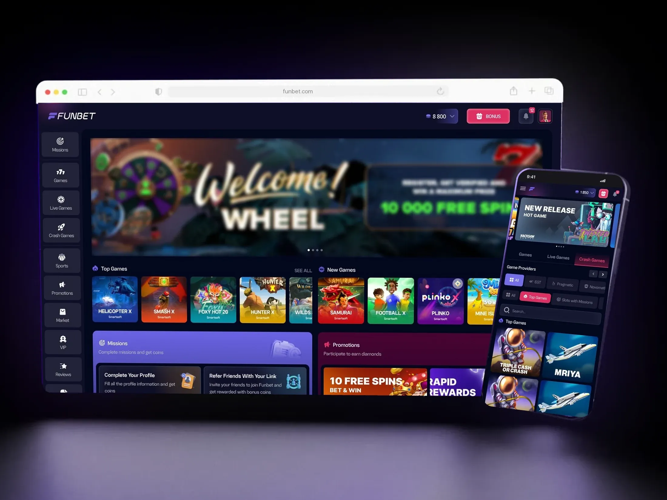 Social casino lobby in a browser window next to the mobile lobby on a phone