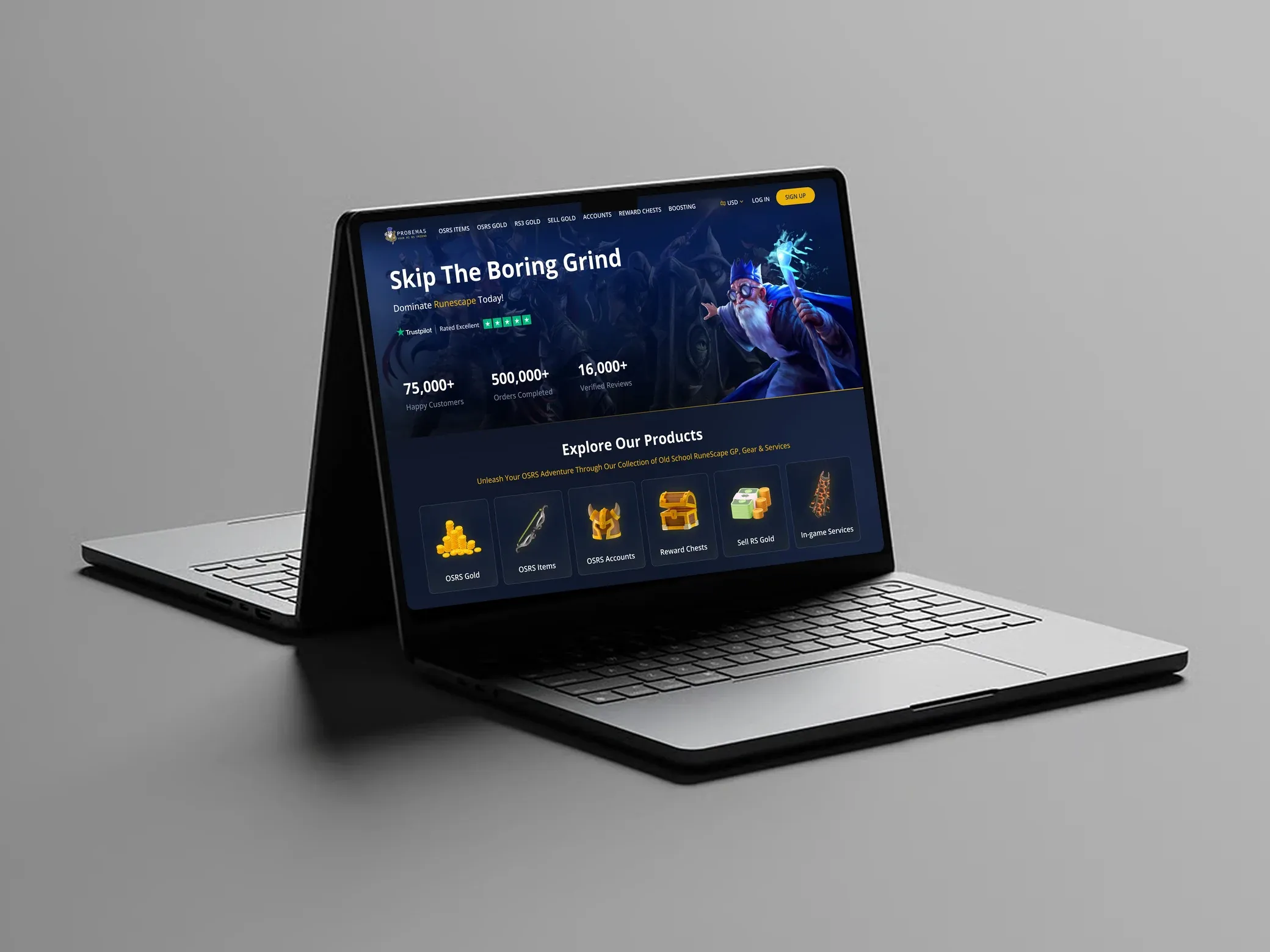 Probemas homepage hero: Skip The Boring Grind, with a wizard character on a dark blue background