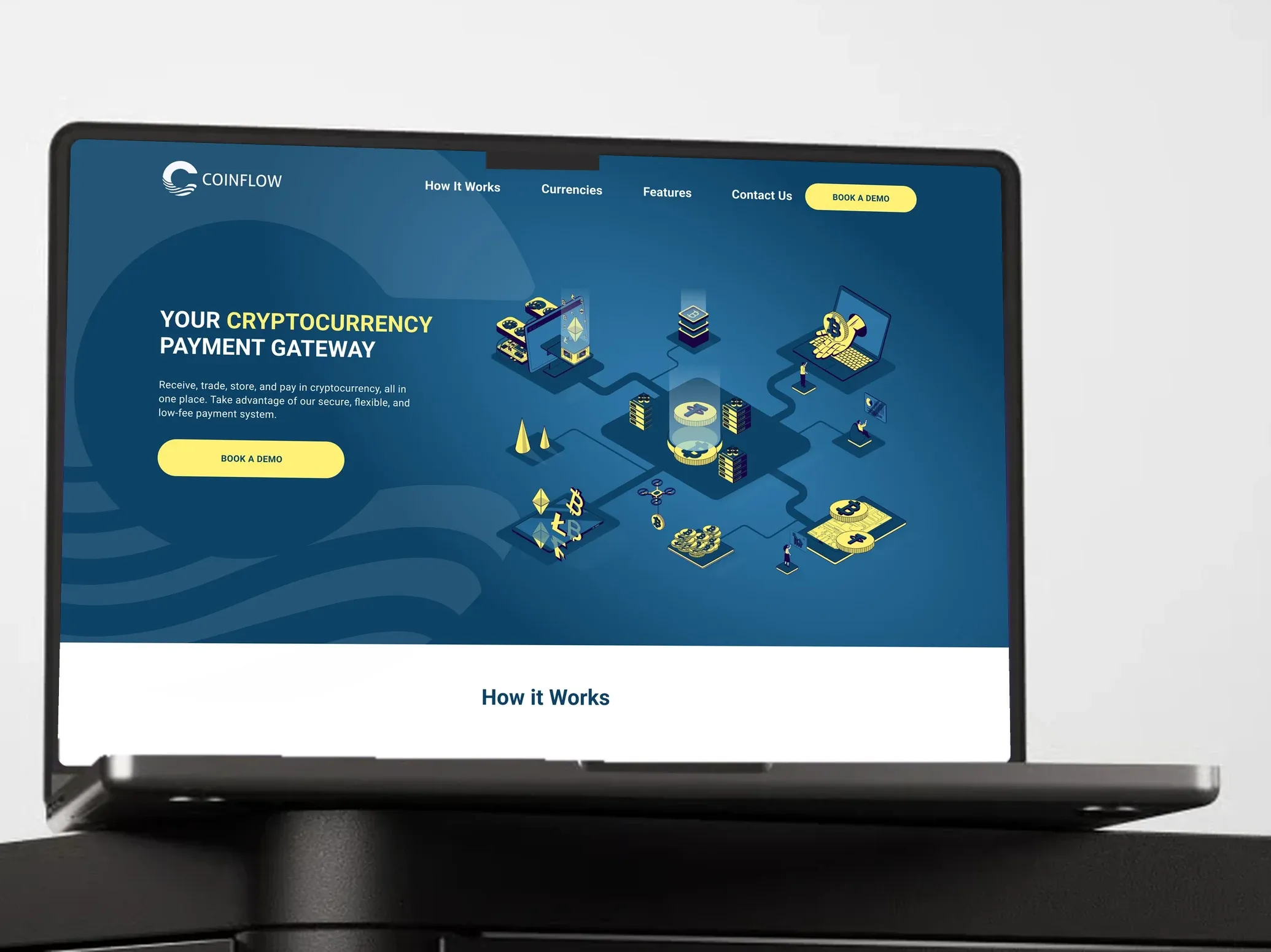 Coinflow landing page hero: Your cryptocurrency payment gateway, with an isometric illustration
