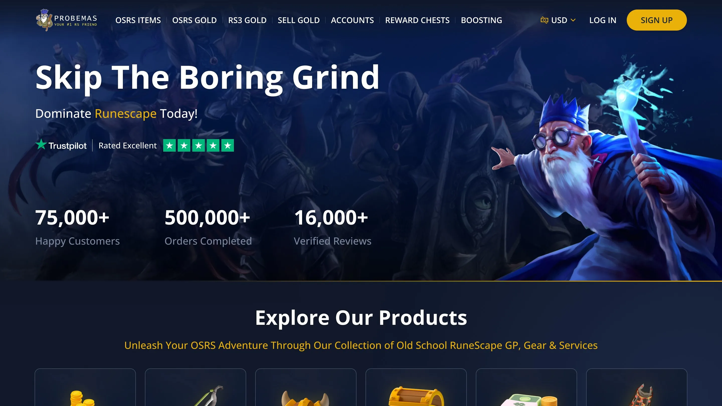 Probemas homepage hero: Skip The Boring Grind, with a wizard character on a dark blue background
