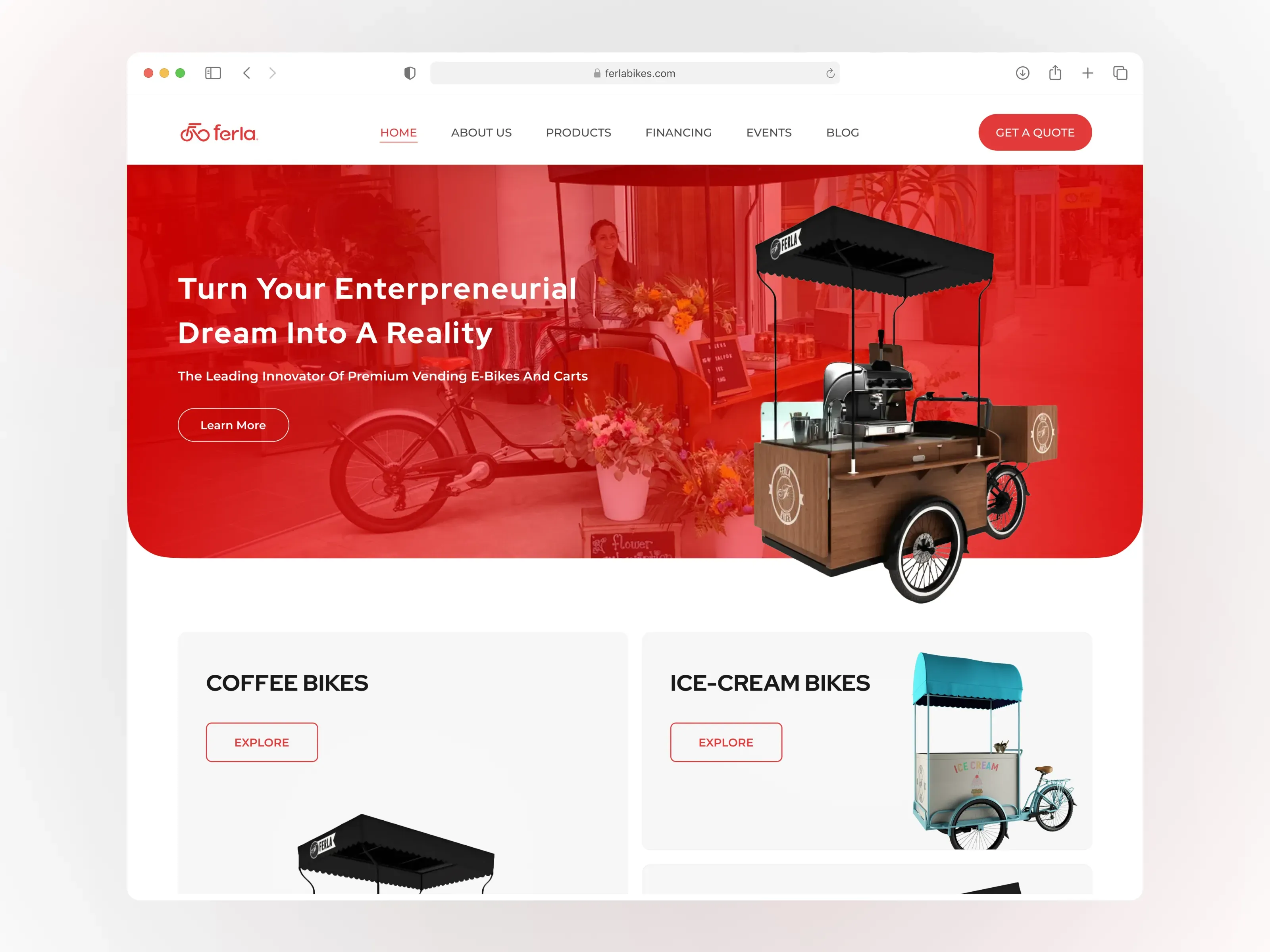 Ferla Bikes homepage: Turn your entrepreneurial dream into a reality, with a coffee bike on a red hero