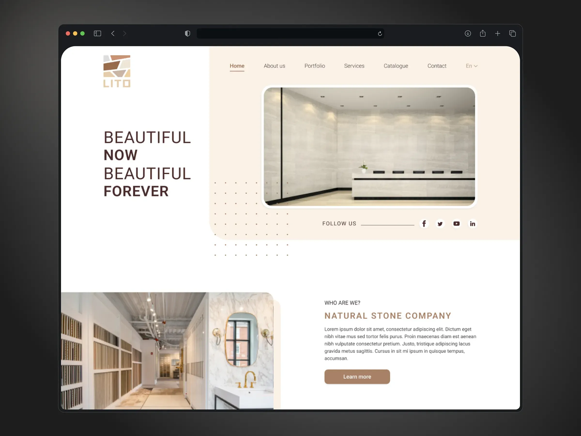 Lito website hero: Beautiful now, beautiful forever, next to a stone interior photo