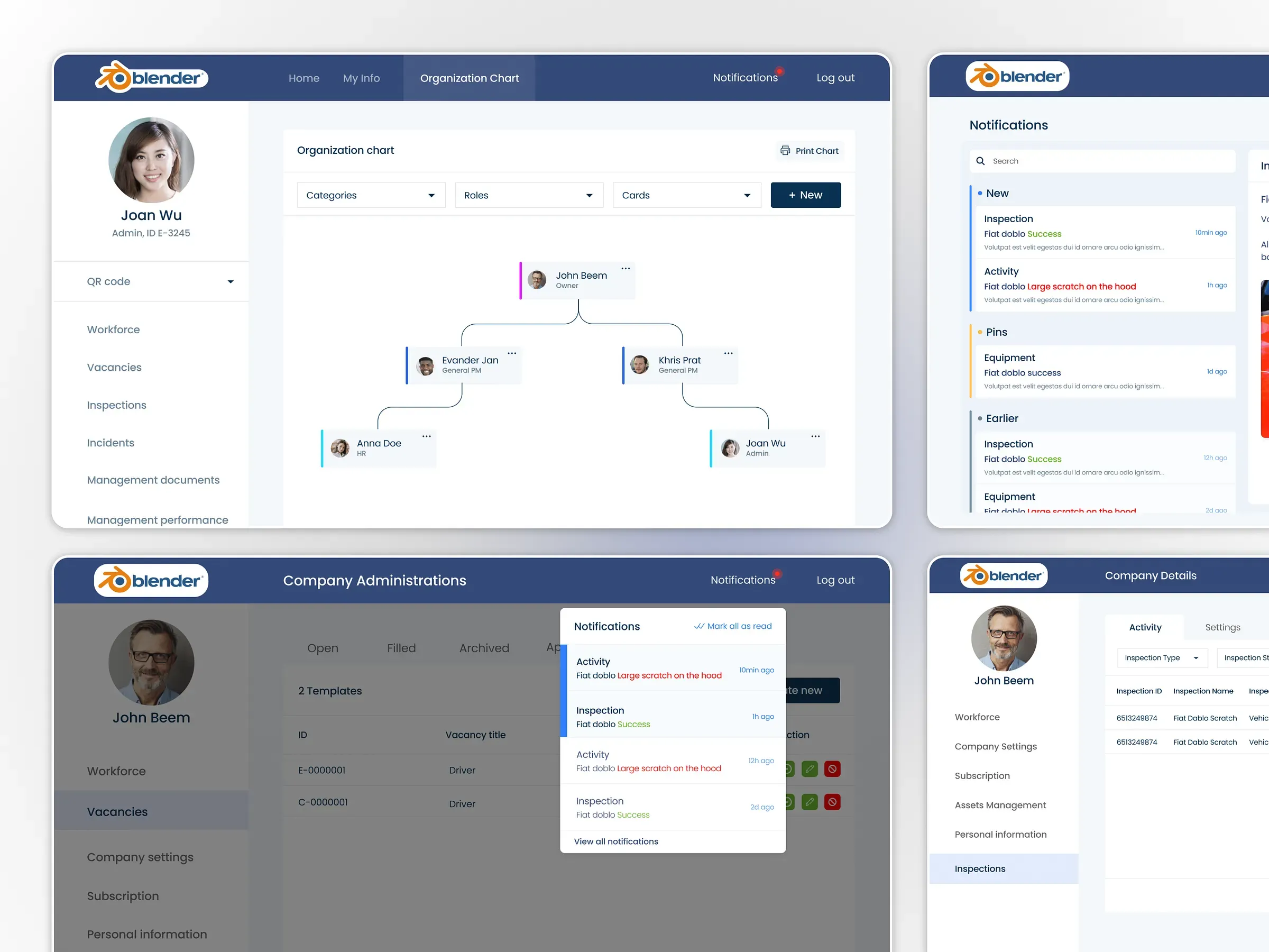 HR web app: organisational chart, notifications and company administration screens