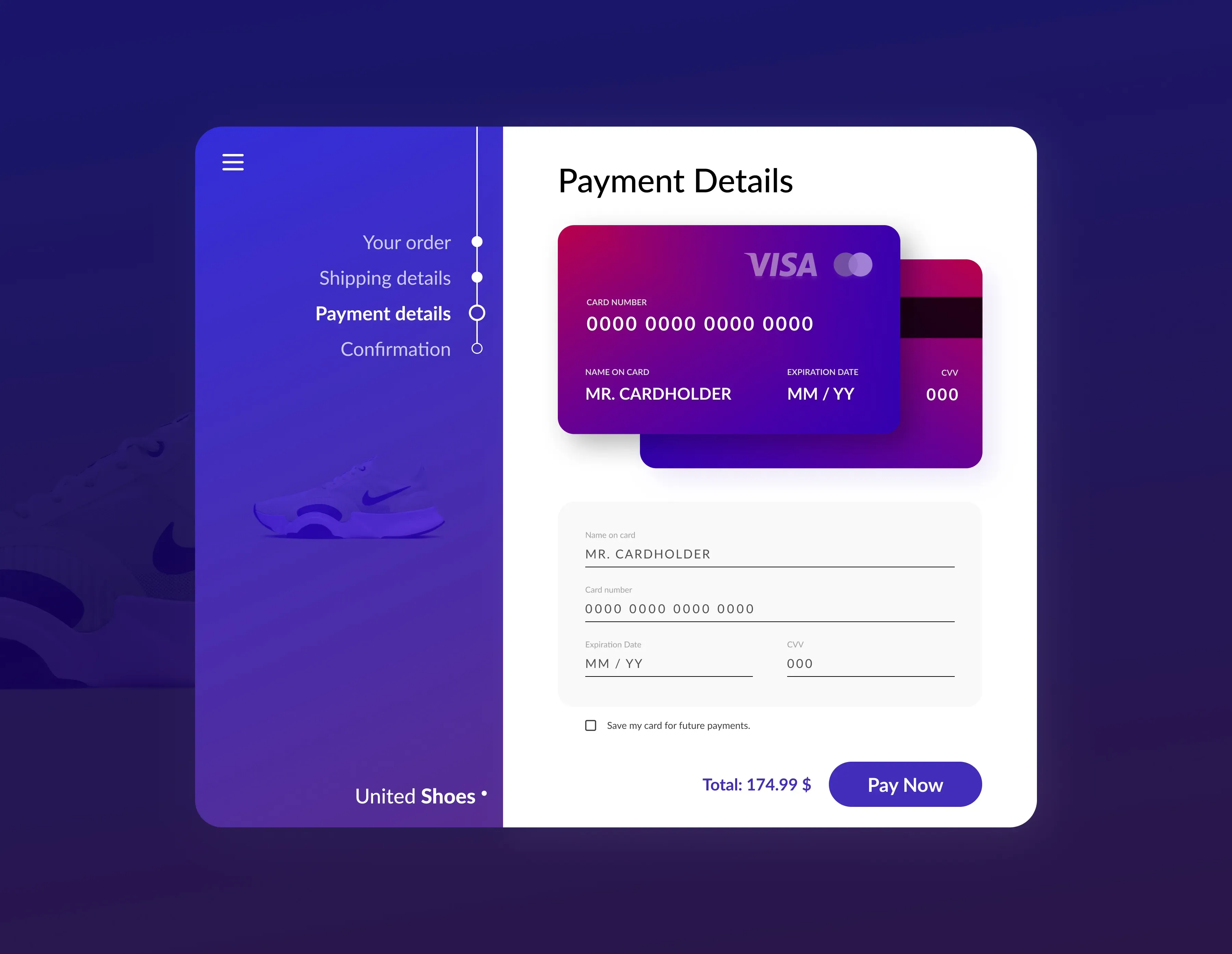 United Shoes checkout page with card details form