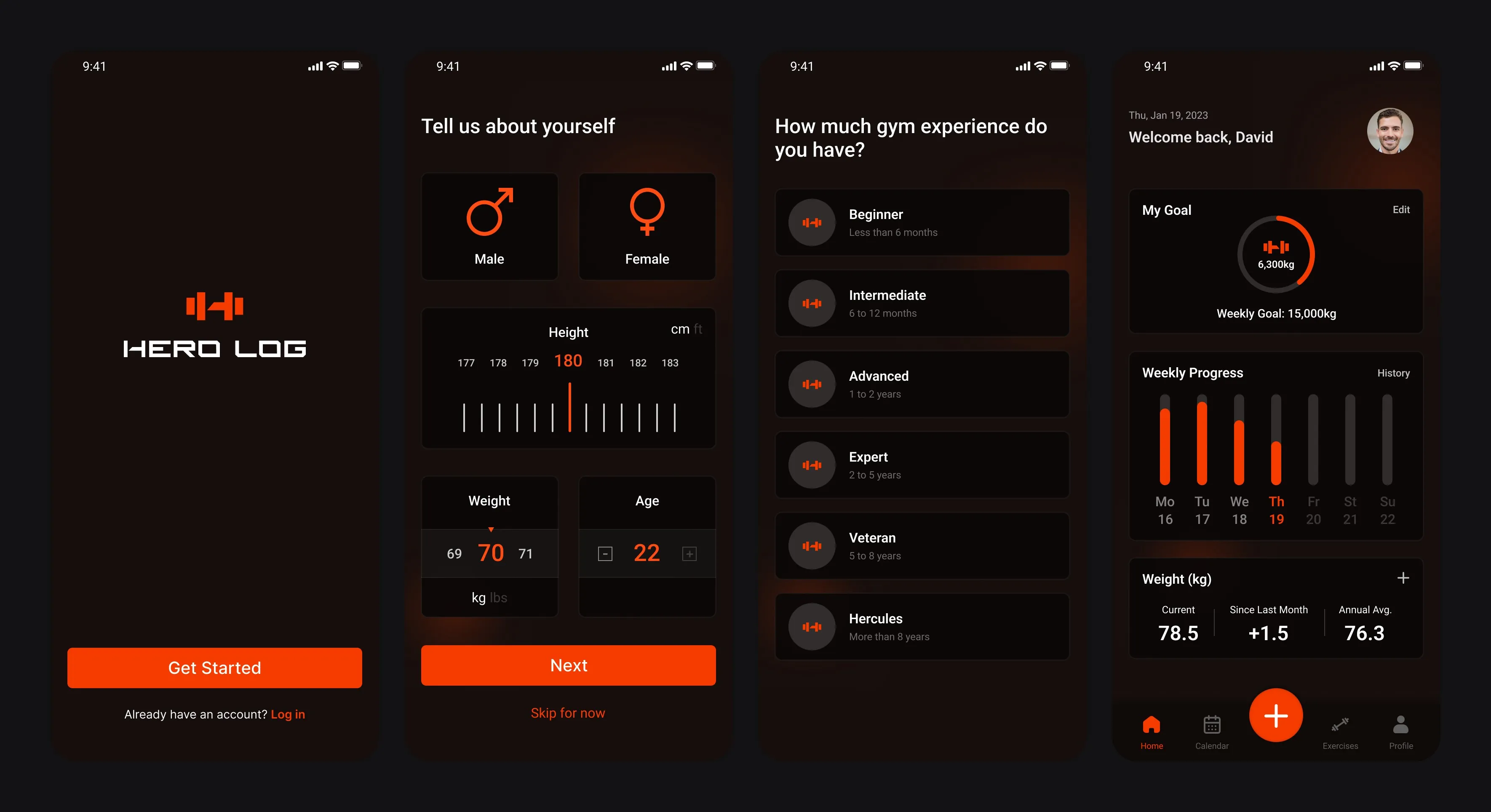 Hero Log onboarding and home screens: dark UI with orange accents, weekly goal ring and progress bars