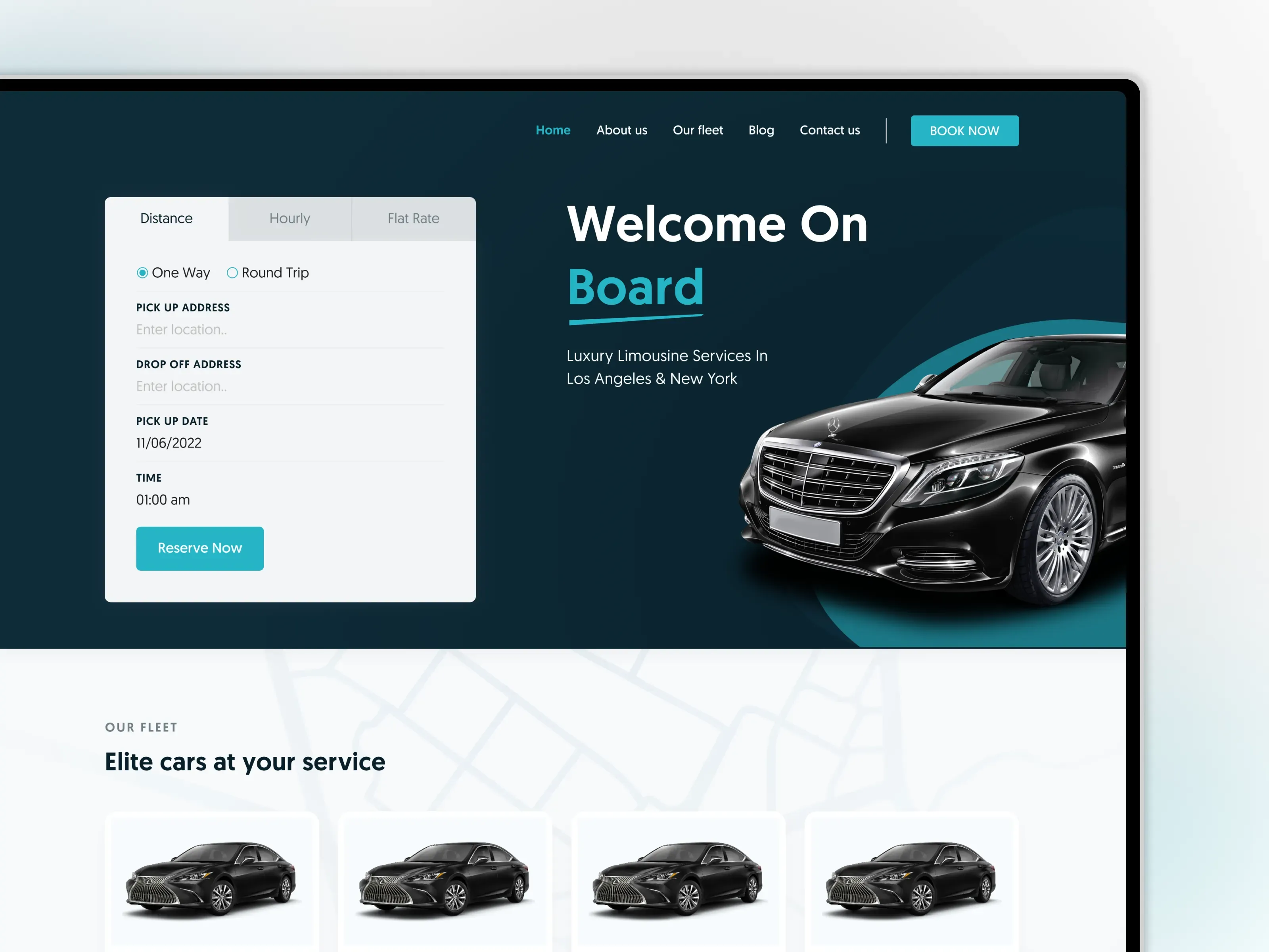 Silimo website: booking form next to a black luxury sedan on a dark teal hero