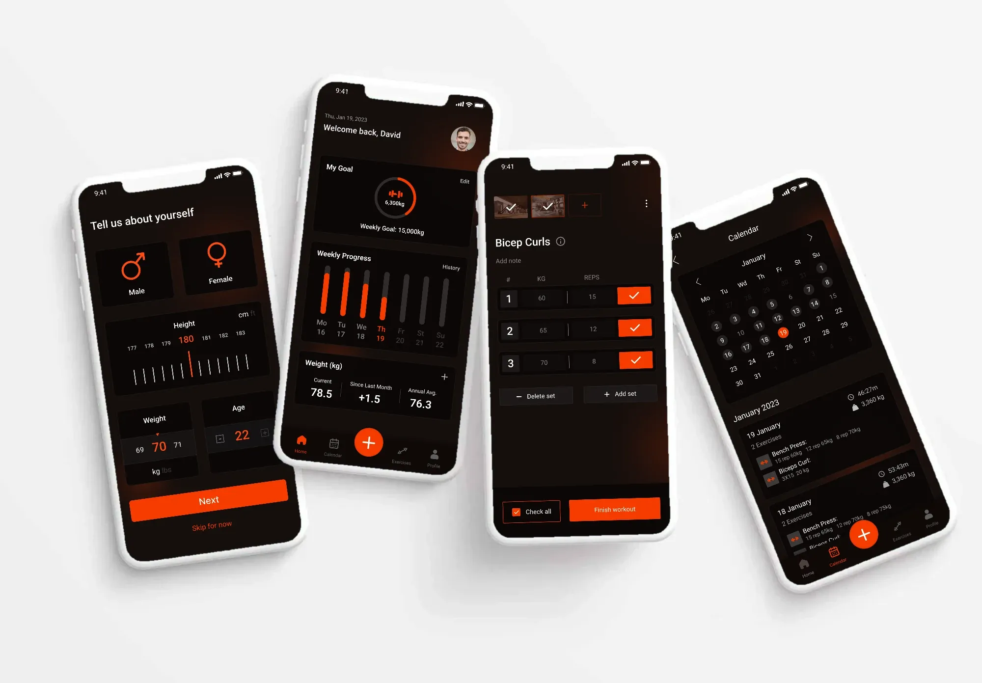 Four Hero Log screens in phone mockups: sign-up profile, home with weekly goal ring, logging bicep curl sets and the workout calendar