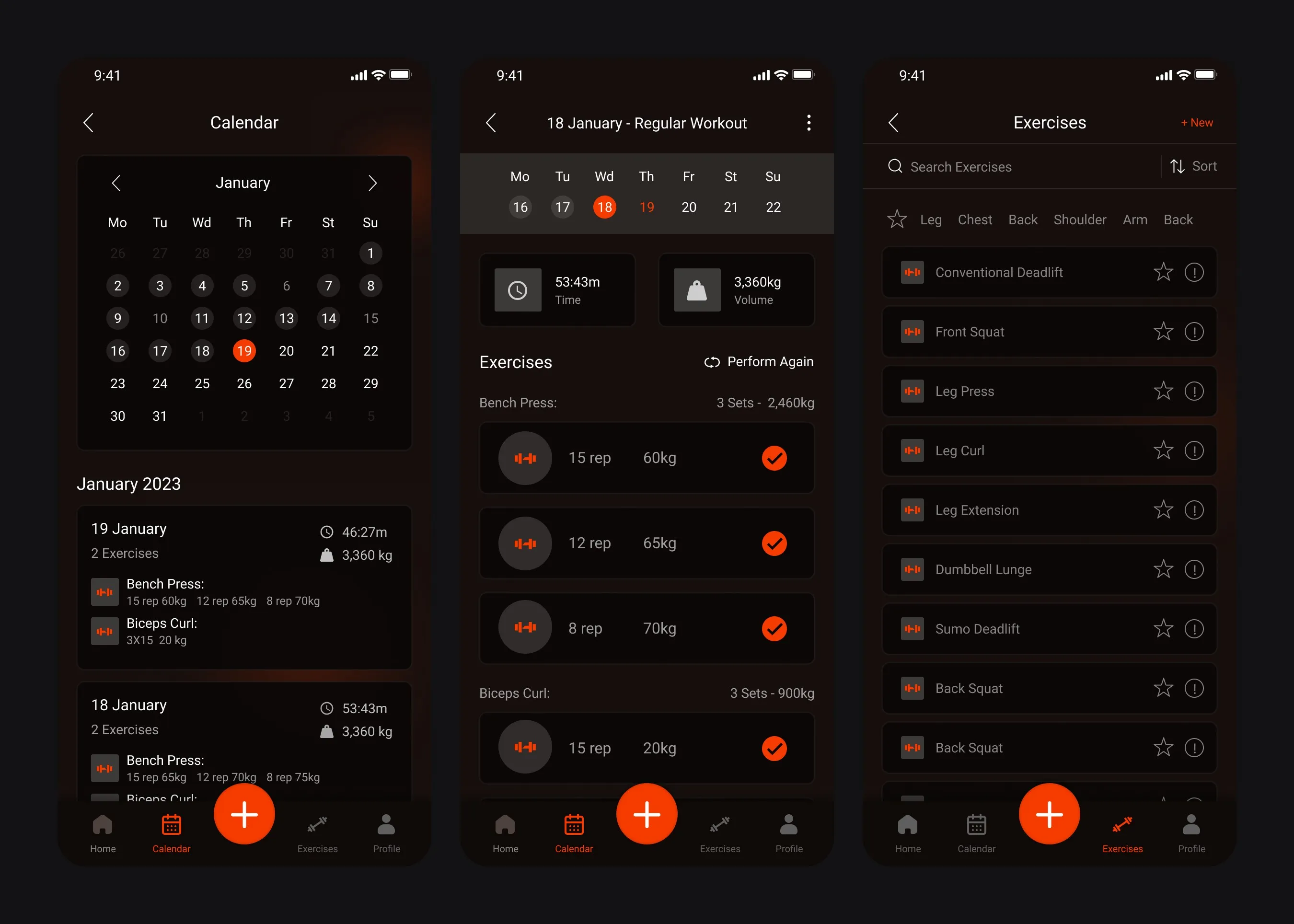 Workout history calendar, a past workout and the exercise library