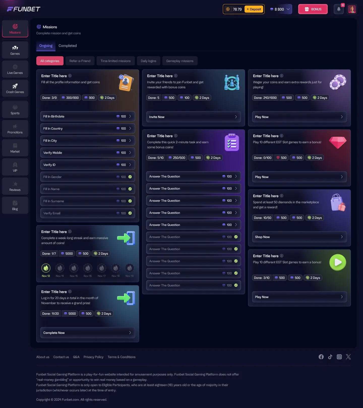 Missions page with profile, streak, survey and gameplay missions