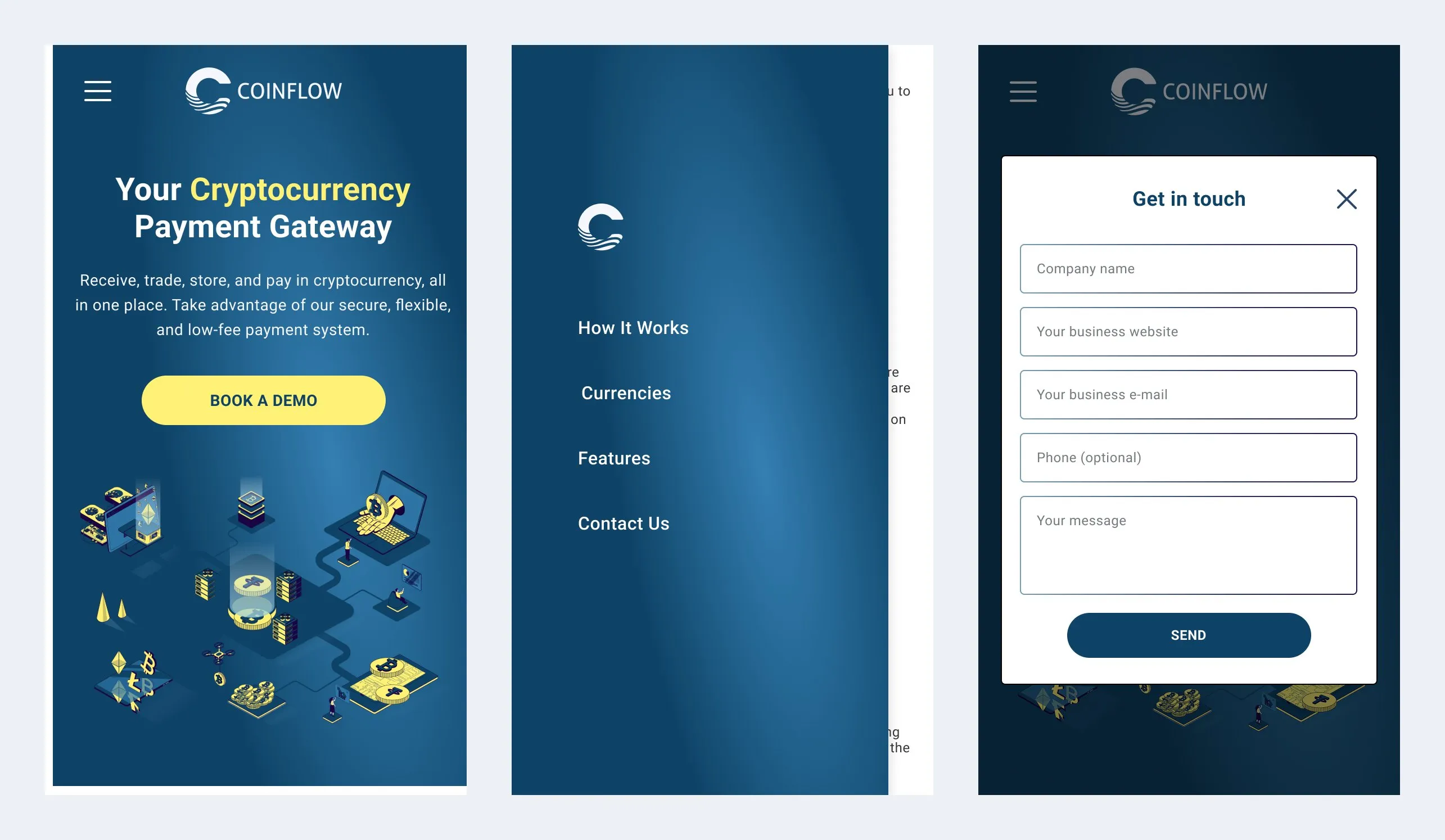 Coinflow on mobile: landing, menu and the book a demo form