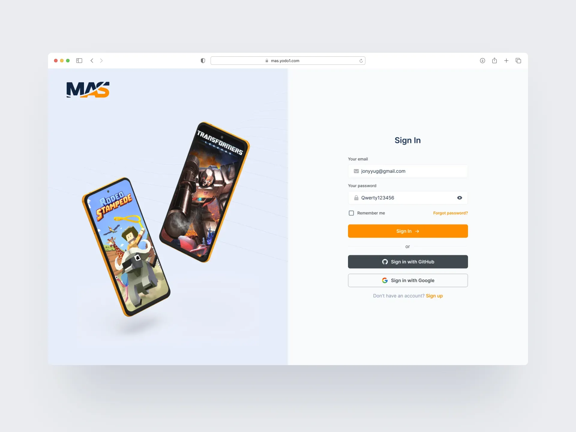 Sign-in page with email, GitHub and Google options