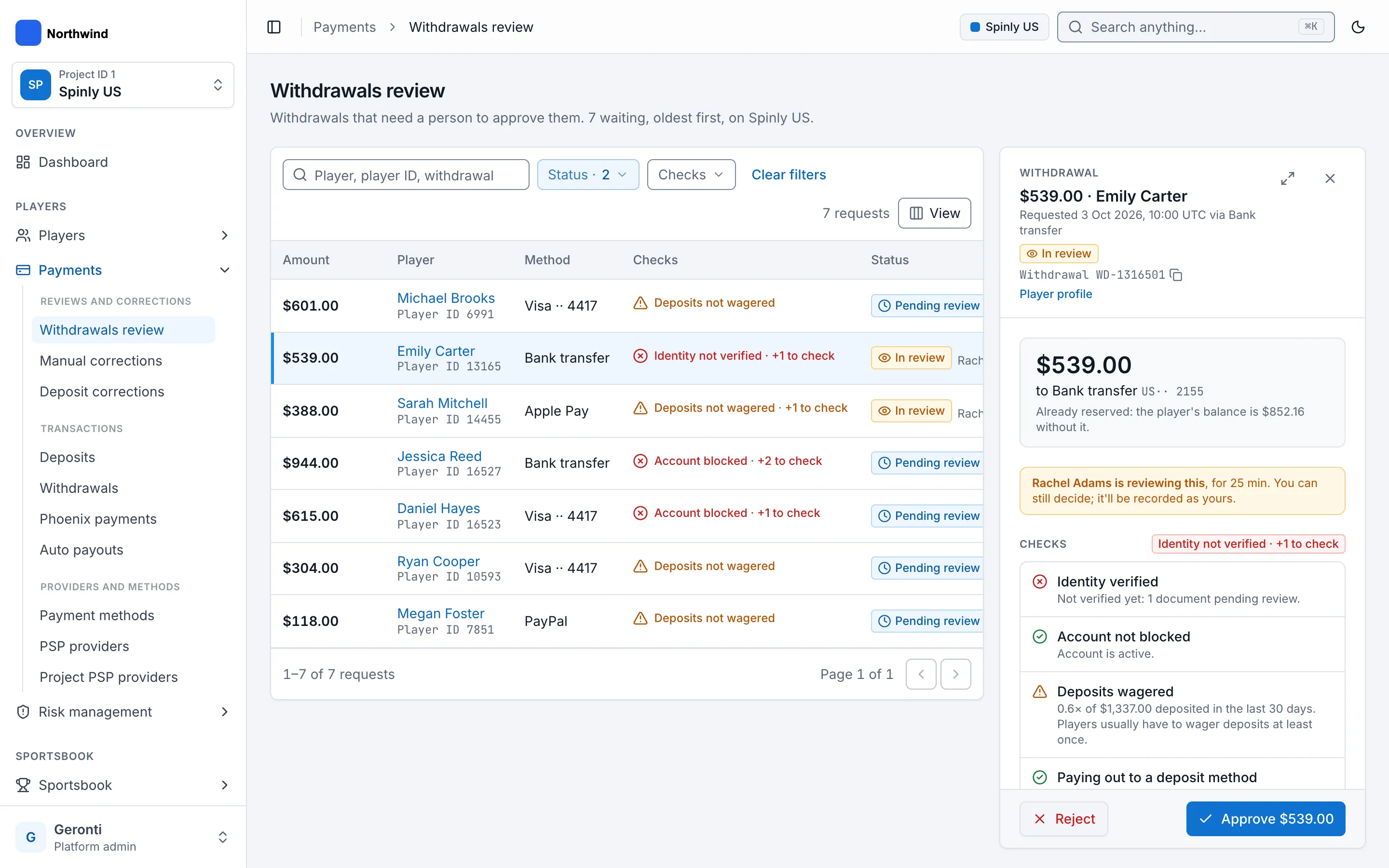 Withdrawal review showing automatic checks and another reviewer already on it